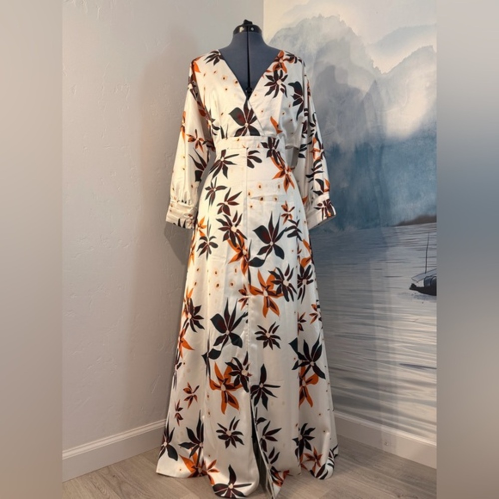 White V-Neck Maxi Dress with Orange & Green Floral Print #137